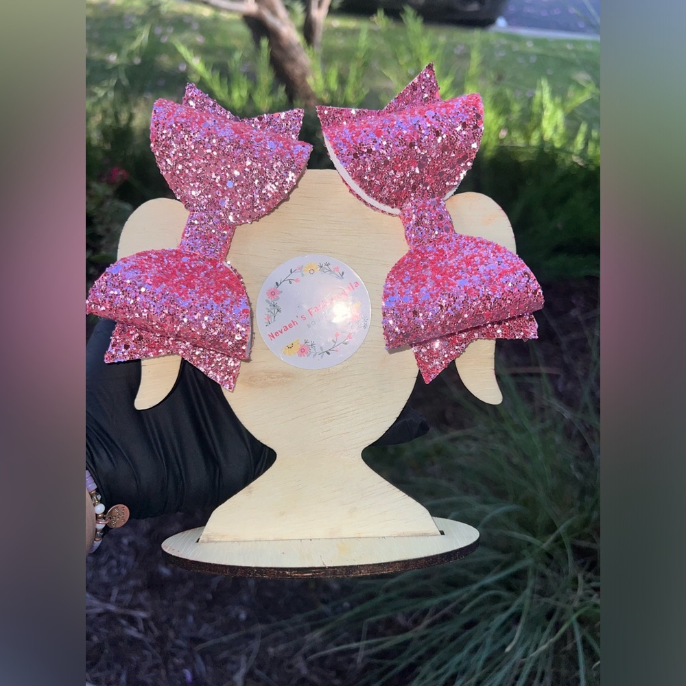Glitter pink faux leather hair bows with alligators clips
